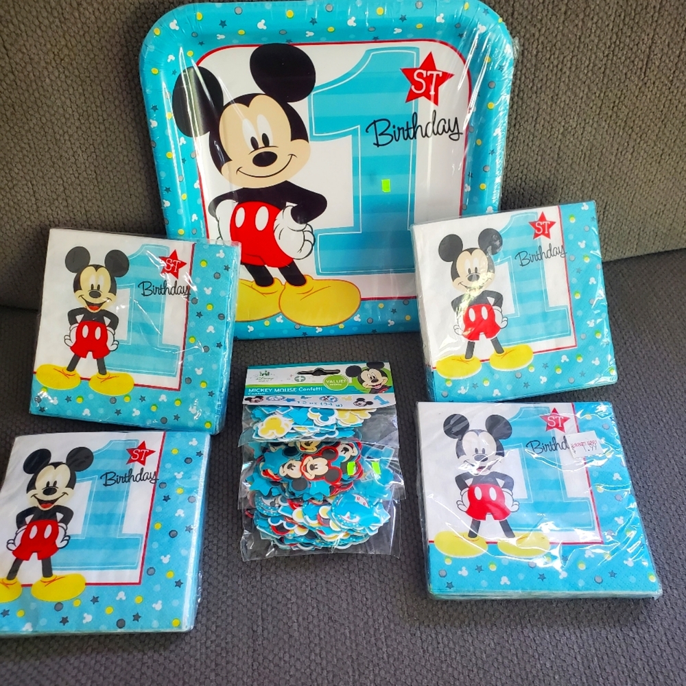 NEW Mickey Mouse 1st Birthday Kit: Plates, Napkins, Confetti